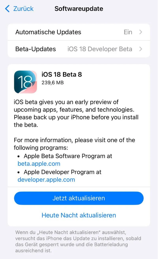 象州苹果手机维修分享苹果 iOS / iPadOS 18 开发者预览版 Beta 8 发布 